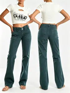 Women's Green Denim Cargo Straight Leg Jeans, Casual Long Pants With Slight Stretch For A Chic Look