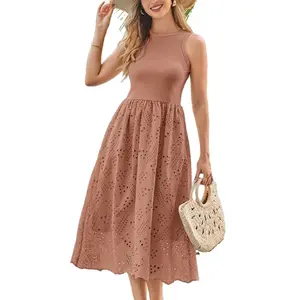 Grace Karin Women Contrast Fabric Mid-Calf Dress Sleeveless Crew Neck Flared A-Line Dress