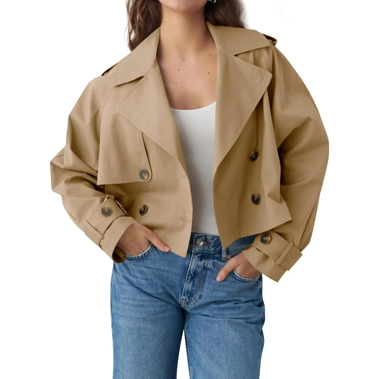 Women's Fitted Minimalist Double-Breasted Lapel Long Sleeve Mini Crop Trench Jacket - Solid Outerwear with Straight Pockets, XL Size Option, Jackets, Tops, Basic, Button, Trench Coat