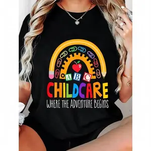 Women's Black  Cotton Short Sleeve Crew Neck T-Shirt - Childcare Director Daycare Teacher School Provider Printed Design