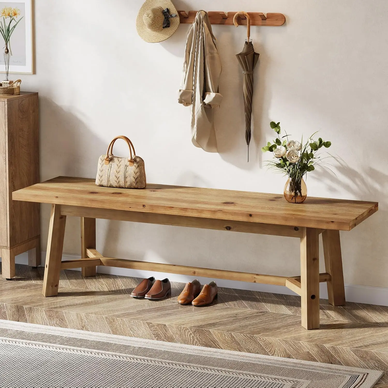 TRIBEWOOD 55" Solid Wood Bench, Farmhouse Long Bench Seat for Entryway and Living Room, Long Kitchen Bench with Strengthened Legs for Dining Room, Kitchen, Restaurant, Natural Brown