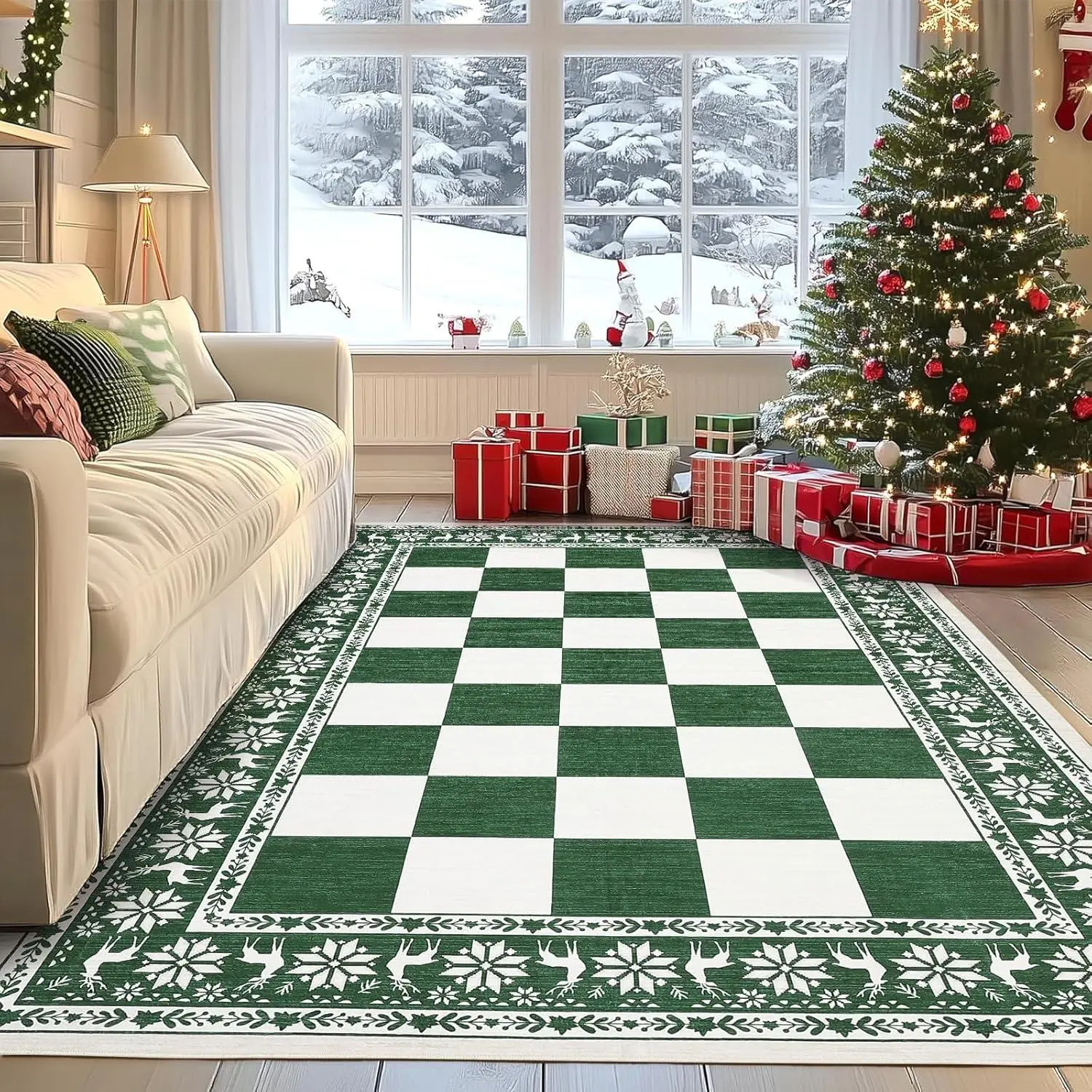 5x7 Area Rugs for Living Room, Checkered Christmas Rugs for Holiday Decor, Non Slip Low Pile Washable Rug for Dining Room, Bedroom, Green