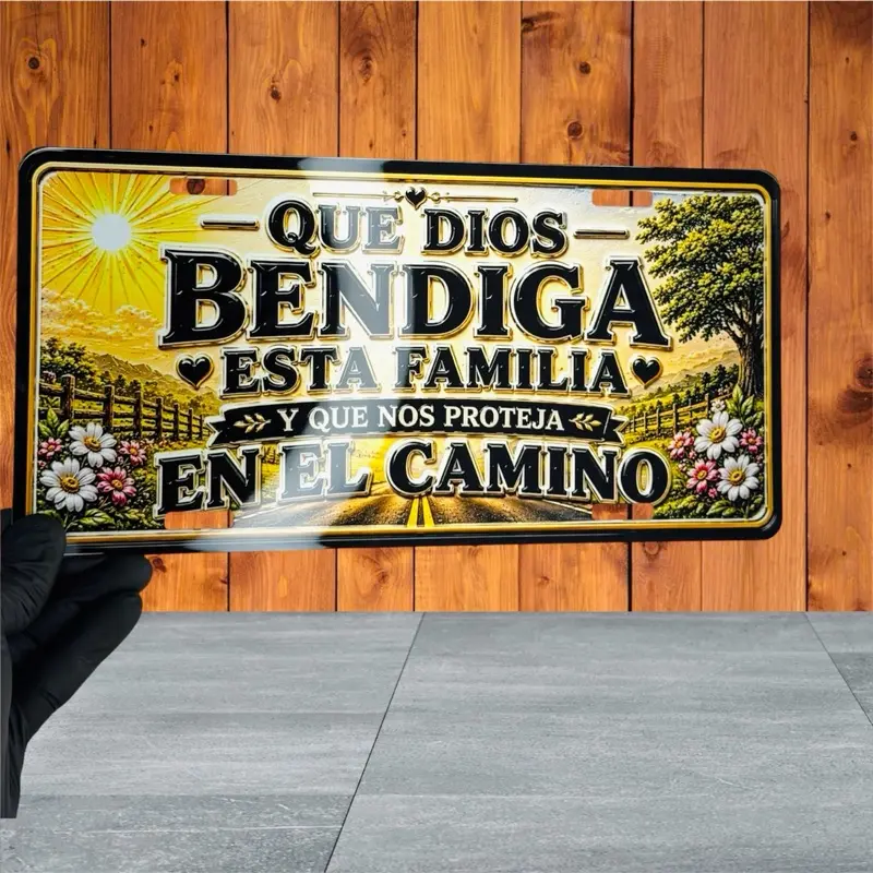 "Que Dios Bendiga Esta Familia" Aluminum Car Exterior Number Plate Signage, 12x6in Vibrant Faith-Hope Themed Automotive Accessory, Personalized Sunrise Decor for New Beginnings, Blessing
