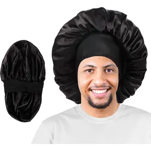 Satin Bonnet for Men and Women - Double Layer Reversible for Sleeping, Curly Hair, Braids - Black