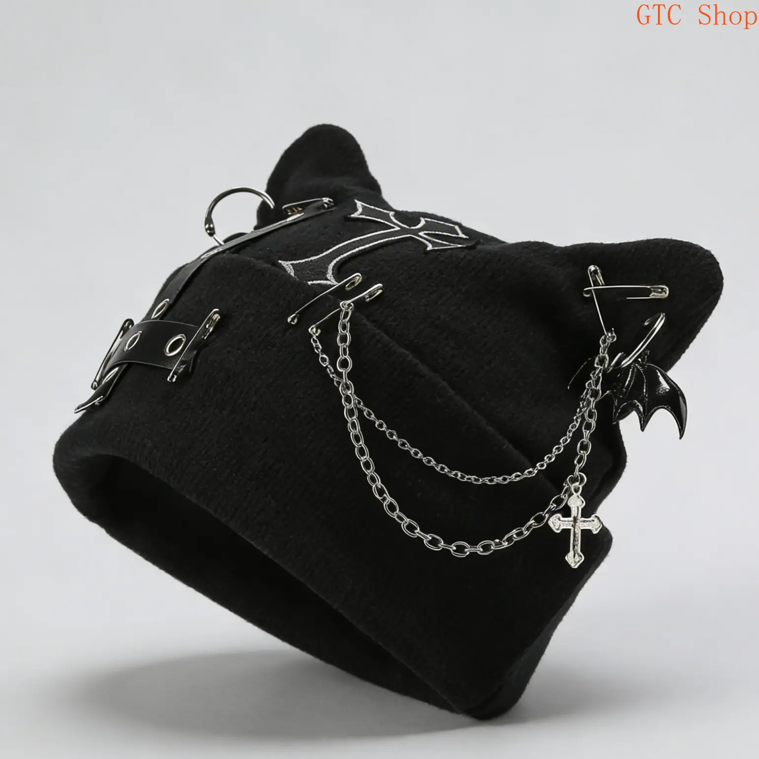 Women’s Gothic Cat Ear Beanie with Punk Chain & Bat Charm – Y2K Grunge Winter Cap, Adjustable & Machine Washable, Black Streetwear Accessory Perfect for Daily Outfits, Punk Parties, Halloween & Cozy Winter Styling summervibes