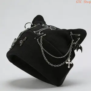 Women’s Gothic Cat Ear Beanie with Punk Chain & Bat Charm – Y2K Grunge Winter Cap, Adjustable & Machine Washable, Black Streetwear Accessory Perfect for Daily Outfits, Punk Parties, Halloween & Cozy Winter Styling