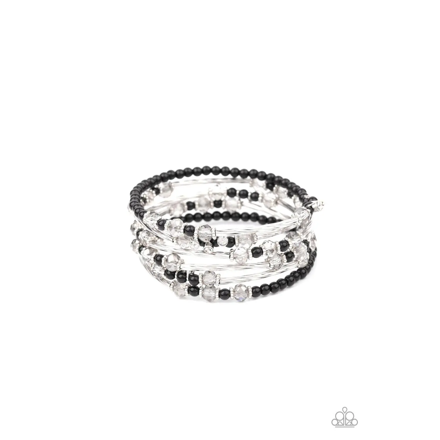 Head-Turning Twinkle - Black Bead White Rhinestone Silver Coil Infinity Bracelet - Paparazzi