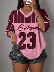 Women's Sporty V-Neck Short Sleeve T-Shirt, Athletic Style All Season Activewear, Colorblock Design, Number 23 Print, Loose Fit, Vintage Schoolgirl Style, Street Fashion Y2K, Athletic Clothes, Active Top