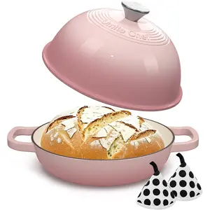 Cast Iron Dutch Oven Pot with Lid, Round Bread Oven for Sourdough Bread Baking, Umite Chef Enameled Cast Iron Bread Oven with Dome Lid & Cotton Potholders for Sourdough, Pink, 6 Quarts
