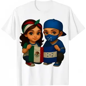 Casual Cotton Graphic TShirts with Kids Holding Flags of Mexico and Honduras for Men Comfortable ShortSleeve Knit Tops Perfect for Everyday Wear Y2K Style