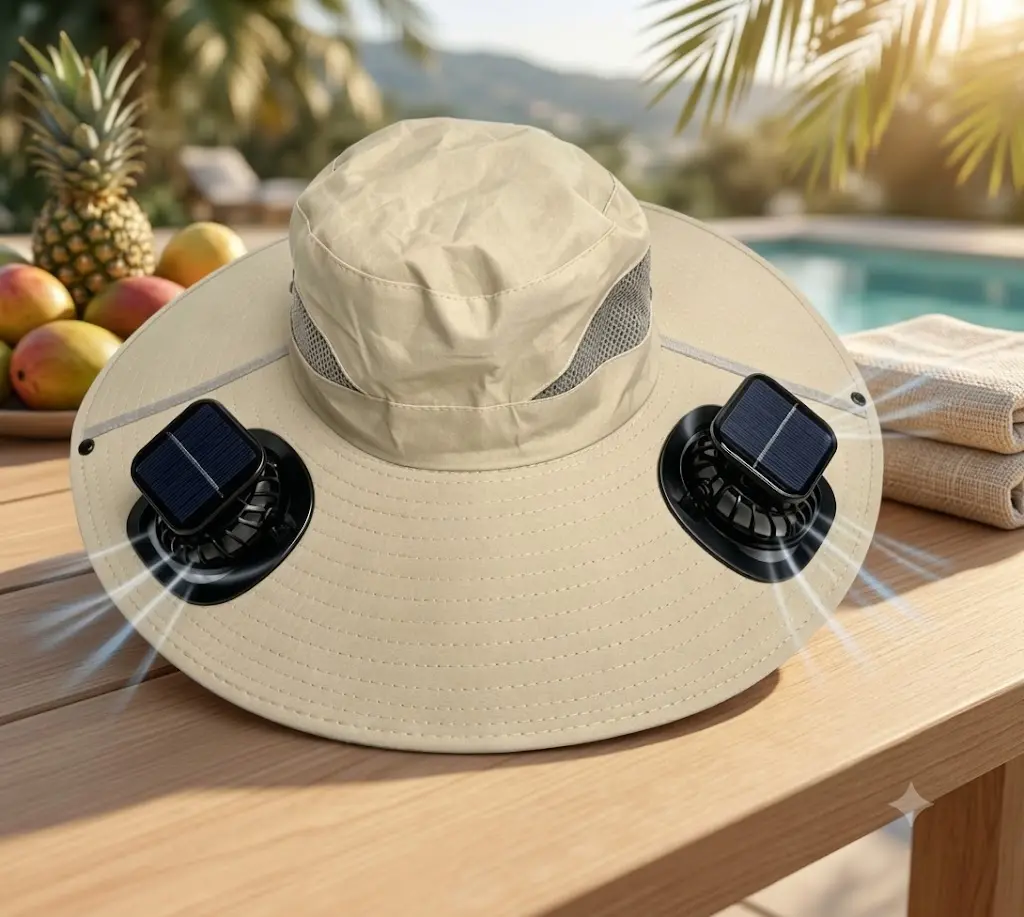 Solar Fan Hat, Sun Protection Cooling Hat with Dual Fans, Breathable Wide Brim Fishing Safari Bucket Hat for Men & Women, Foldable Outdoor Heat Stroke Prevention Cap