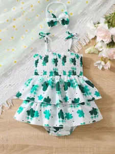 St Patrick's Day Baby Girl Romper Set, Baby Girl Clothes, Shamrock Print Layered Dress, Hairband Included, Fresh, Summer