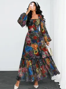 Women's Vintage Elegant Waist Cinched A-Line Dress, Pleated Square Neck Floral Print Lantern Sleeve, All Seasons Fashion