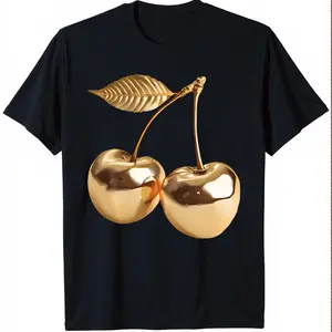 Fashionable Cool Short Sleeve Golden Cherry Print Casual T-Shirt for Men and Women, 2026 Spring-Summer New, Crew Neck, Graphic Tees, Trendy T-shirts, T Shirts for Men, T Shirts for Women, Men's T Shirts, Women's T Shirts, Good Graphic Tees, Funny Graphic