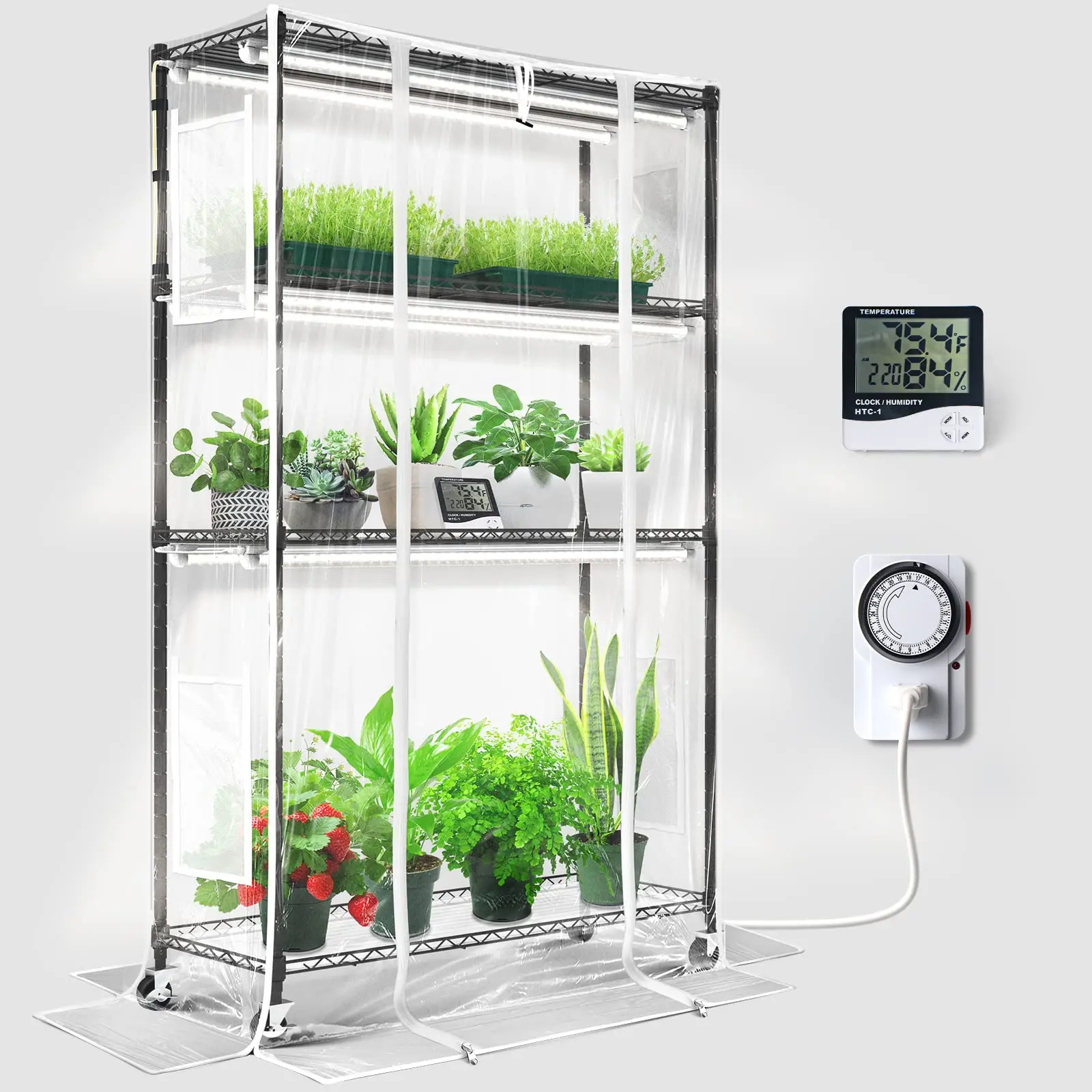 Barrina Indoor Portable Greenhouse Grow Tent Kit, 4-Tier Metal Plant Stand with Wheels, 6Pcs LED Grow Lights for Seedlings with Timer, Thermo-Hygrometer, 35.4x13.8x59IN, Indoor Greenhouse, Grow Lights For Indoor Plants