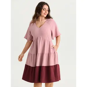 BLOOMCHIC Women's Plus Size Casual Polyester Crepe Fabric Midi Dress - 2026 Summer Vibes Swimweek, Color Contrast, Tiered, Flared Sleeves, M-6X Sizes