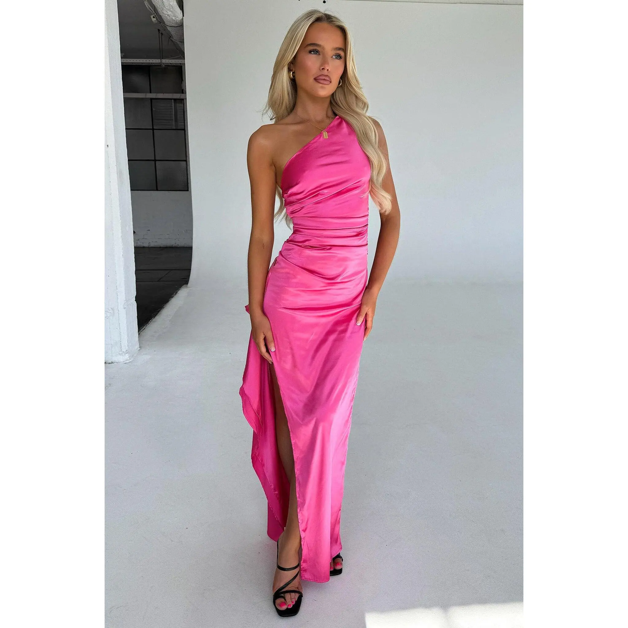 Elianna One Shoulder Satin Maxi Dress - Hot Pink - TikTok Shop Elianna One Shoulder Satin Maxi Dress - Hot Pink - TikTok Shop