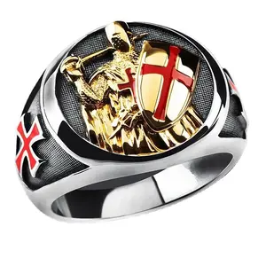 Vintage Oil-Dripped Red Cross Shield Knight Templar Fashion Men's Ring Men's Gift