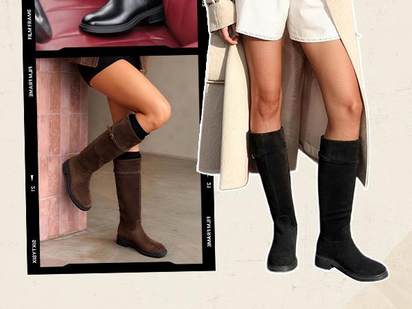 DREAM PAIRS Knee-High Buckle Strap Riding Boots | Round Toe Straight Shaft Knee-high Easy Pull-on Adjustable Metal Buckle 5mm Foam Insole Faux Suede & PU Leather Tall Boot, Foam Sole