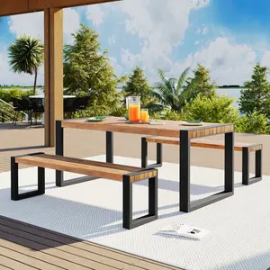 Aobtkel®<Old SKU: FG201232AAA> GO 3-pieces Outdoor Dining Table With 2 Benches, Patio Dining Set With Unique Top Texture, Acacia Wood Top & Steel Frame, All Weather Use, For Outdoor & Indoor, Natural#Summervibes
