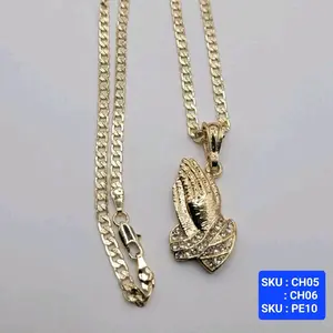 Praying Hands Pendant with Clear Stones Cuban Link Chain 24 &18 Inches 4mm Laminated Gold Unisex Necklace Elegant Design