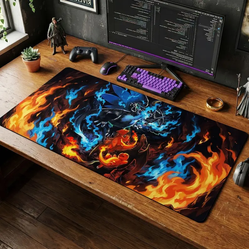 Mega Charizard X Desk Mat, Charmander Evolution Mouse Pad, Blue Fire Anime Gaming Gaming Desk Setups