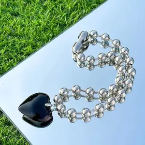 Big Bead Black Heart Necklace for Women - Elegant Chain with Black Heart Pendant for Valentine's Day