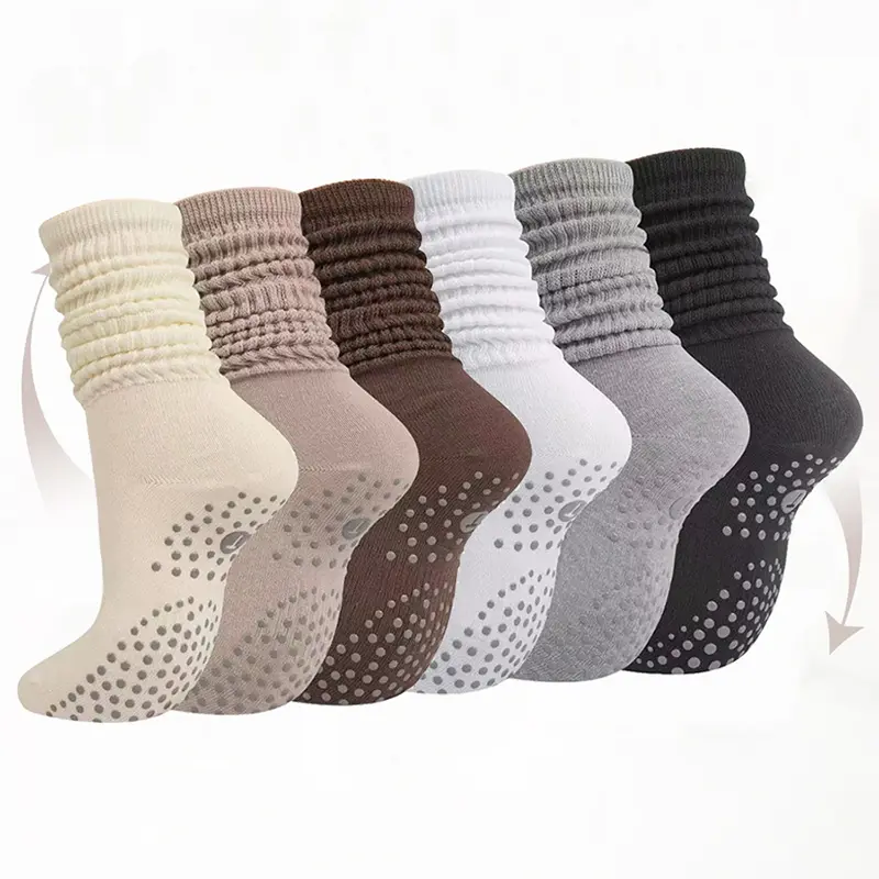 Women's Trendy Scrunch Slouch Non-Slip Grip Mid-Calf Yoga Socks - Silicone Grips for Pilates, Home Workout, Fall Winter Cotton Socks (6 Colors), Non-Slip Grip Mid-Calf Socks