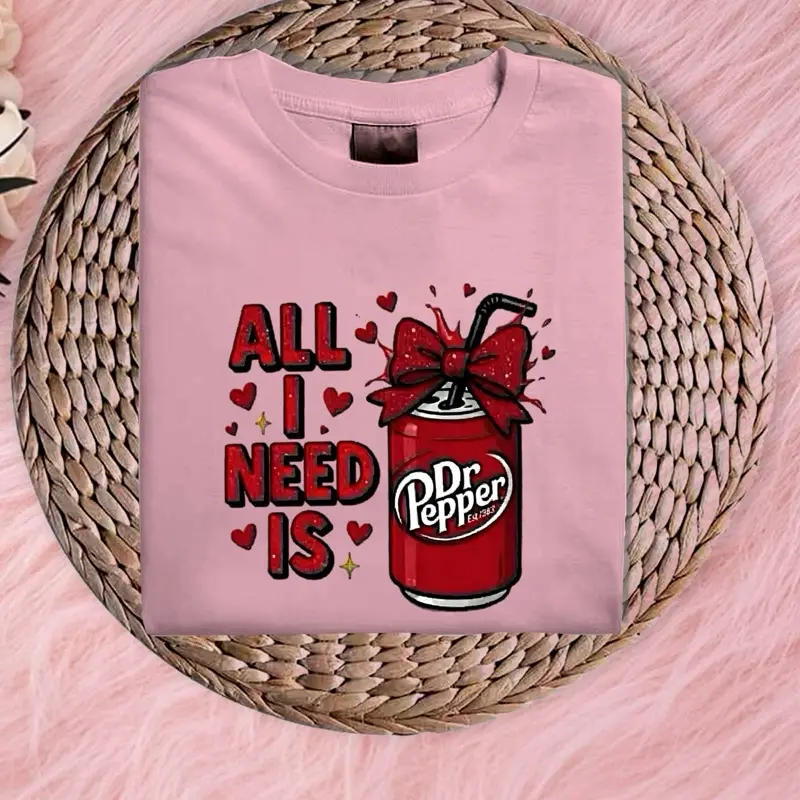 Women's Short-Sleeve Graphic T-Shirt, Dr. Pepper Themed Top with Red Bow Design, Casual Everyday Womenswear