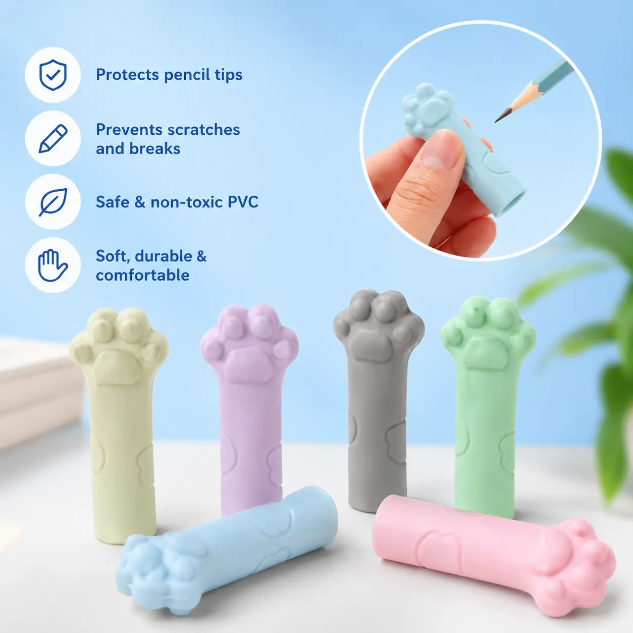 10-Piece Eco-Friendly PVC Paw-Shaped Pencil Cap Erasers, Prevents Scratches, Protects Tips, Fits Multiple Styles, for School & Office Stationery Use