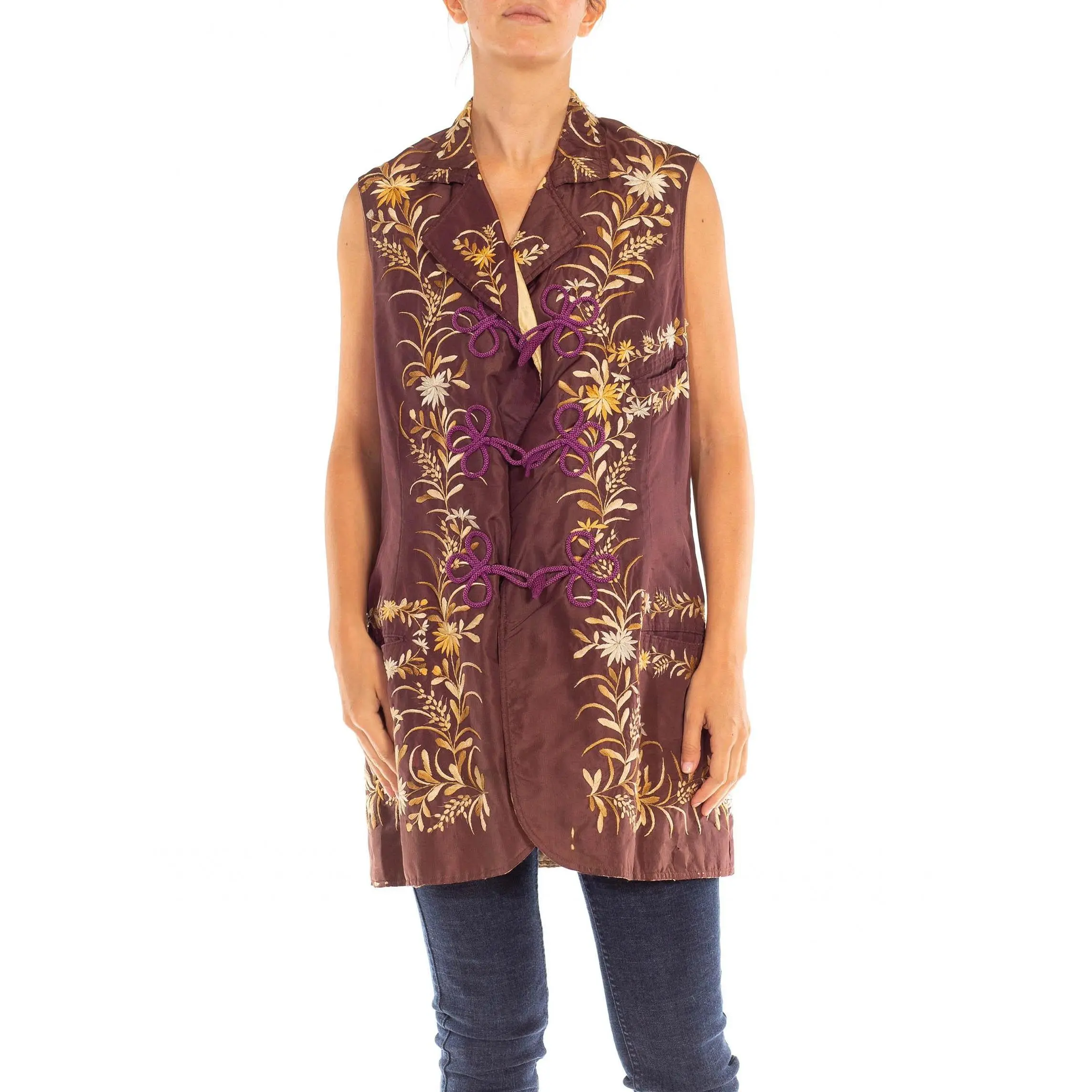 Victorian Egg Plant & Gold Floral Embroidered Silk Quilted Vest