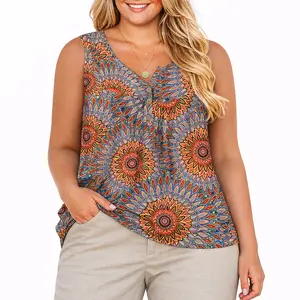 Women Plus Size Summer Tank Tops V-Neck Sleeveless Henley Shirts Buttons Up Loose Fit Pleated Flowy Tunics