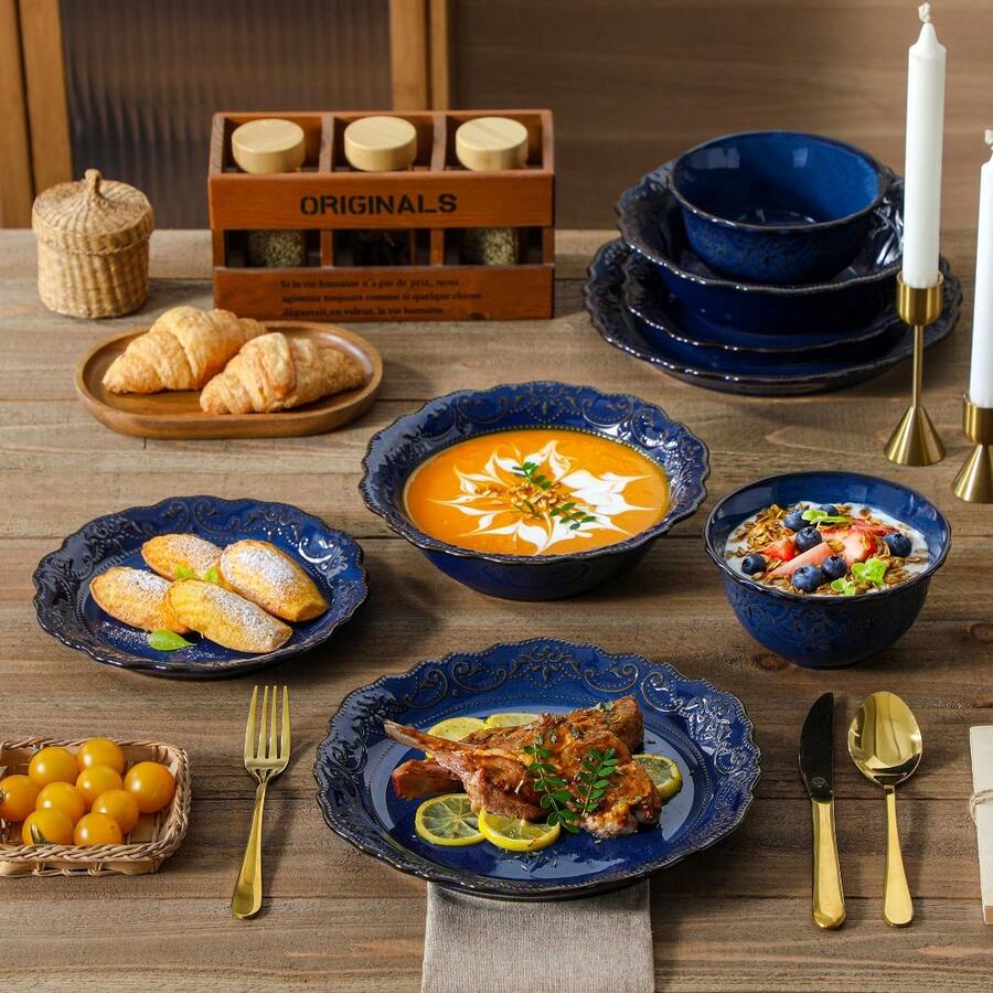 16 Piece Ceramic Dinnerware Sets, Kitchen Dinnerware, Blue Dinnerware With Bas-Relief Around The Edge, For 4 People, Dinner Plate, Dessert Plate, Bowl And Soup Plate