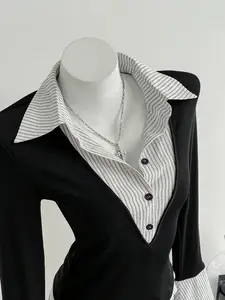Black Striped Patchwork Fake Two-Piece Blouse, Women's V-Neck Button-Up Long Sleeve Top, Ribbed Fabric Flare Sleeve & Striped Collar, Versatile for Daily Outings, Travel & Casual Looks