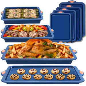 4-Piece Nonstick Bakeware Set with Baking Pans, Sheets, Cookie & Cake Pans Blue Silicone Metal Reinforced Frame High Heat Roasting Easy Clean Stackable