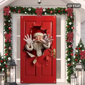 Santa Door Decoration Banner, Christmas Holiday Front Porch Decor, Party Backdrop and Background Cloth, Home Use Festive Hanging Sign, Party Decorations Banners