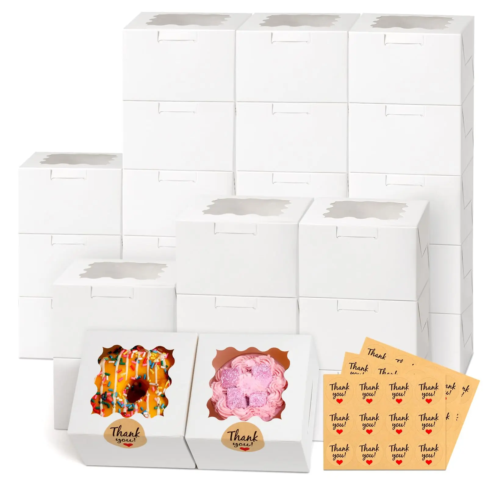 26 Pack Bakery Boxes with Clear Window, 4x4x2.5 Inch Cookie Boxes with Thank You Stickers, Treat Boxes for Cookies, Cupcakes, Donuts, Pastries, Chocolate & Gift Packaging