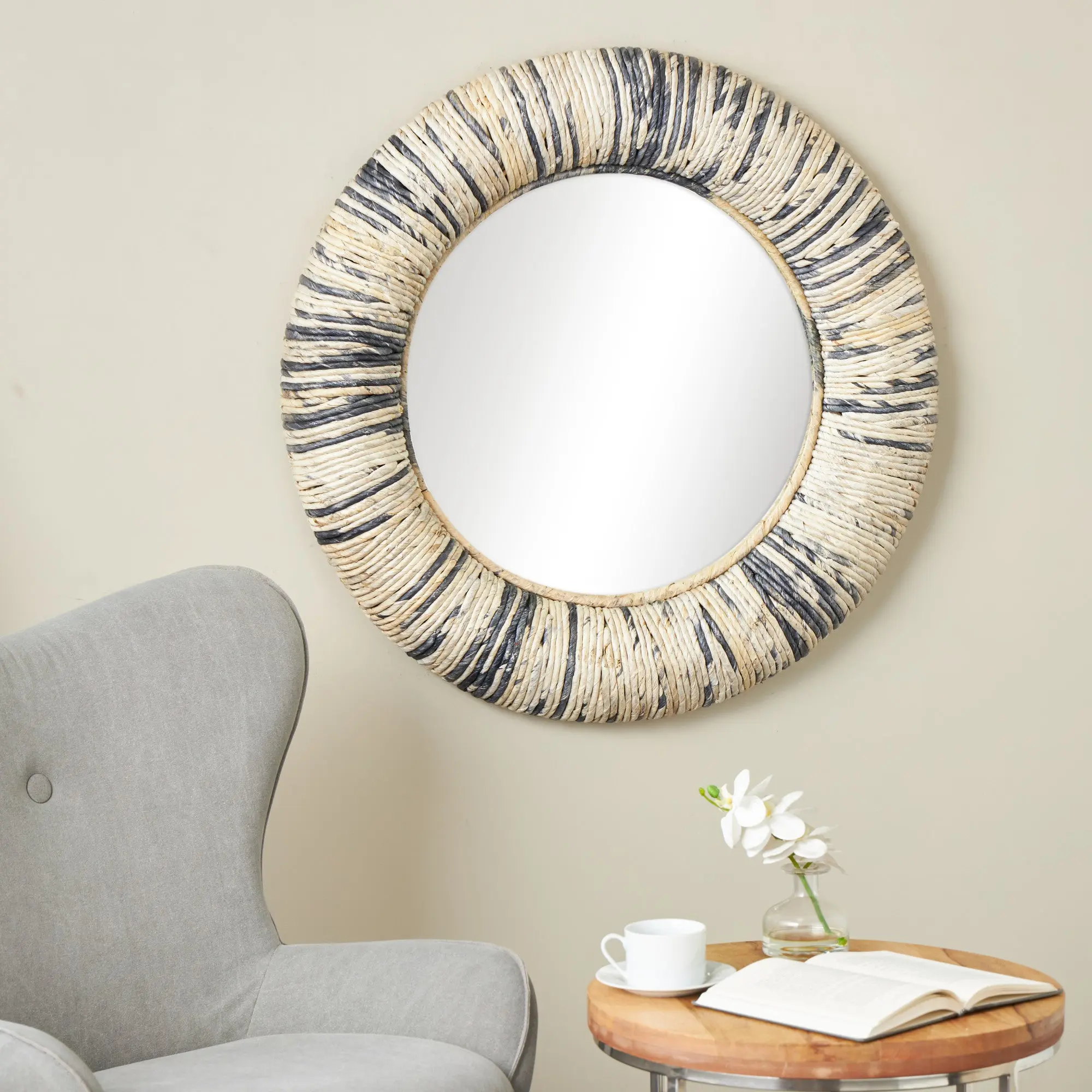 Beige Reflective Banana Leaf Fiber Wall Mirror with Teak & Fiber Wooden-Metal Coiled Frame, 2-Tone Rope, Blue Accents, 34.50l x 3w x 34.50h inches Home Decor for Entryway, Coastal Room