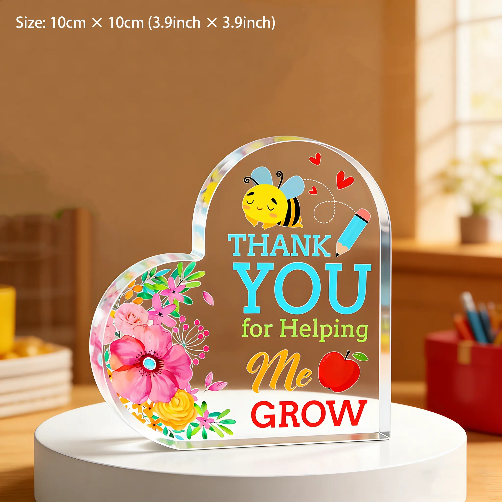 Acrylic Heart Plaque Sign - Thank You for Helping Me Grow, Scratch-Resistant, Personalized Desk Decor, Warm Visual Focus, Teacher/Mum Thanksgiving Gift, Casual Graduation/Birthday Display, Signs