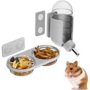 Magnetic Hamsters Feeding Set Freestanding Water Bottle Food Bowl for Glass Tanks, Suitable for Syrian Dwarf Hamsters Gerbils Mice Rats Degus (Gray, Magnetic-Mounted)
