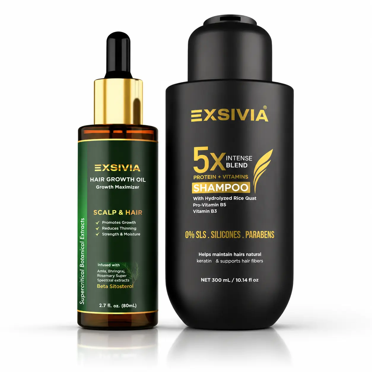 EXSIVIA Intensive 2-Step Scalp & Hair Renewal System, Volumizing Shampoo + Strengthening Hair Oil Set