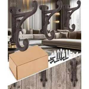 Farmhouse Wall Hooks Set of 3 - Heavy Duty Cast Iron Hangers - Dark Brown Rustic Coat Hooks - Wall Mounted Hardware Included - Decorative Towel Hooks for Bathroom and Entryway Hanging Antique Curve Installation Shelf Wood