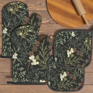 4pcs Oven Mitts and Pot Holders, Pine Tree Design, Heat Resistant, Ideal for Cooking, Baking, Kitchen Decor, Housewarming Gift
