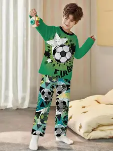 Boys' 2-piece trendy football star printed pajama set, featuring digital printed long-sleeve top and long pajama pants made of flame-retardant fabric. This stylish, casual, soft and cozy loungewear set is perfect for sleeping and relaxing at home. Crafted