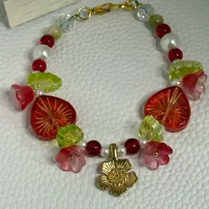 Handmade Floral Charm Bracelet with Red and White Beads, Funky Unique Accessories, Unisex Stylish Accessory for Daily Use, Practical Gift