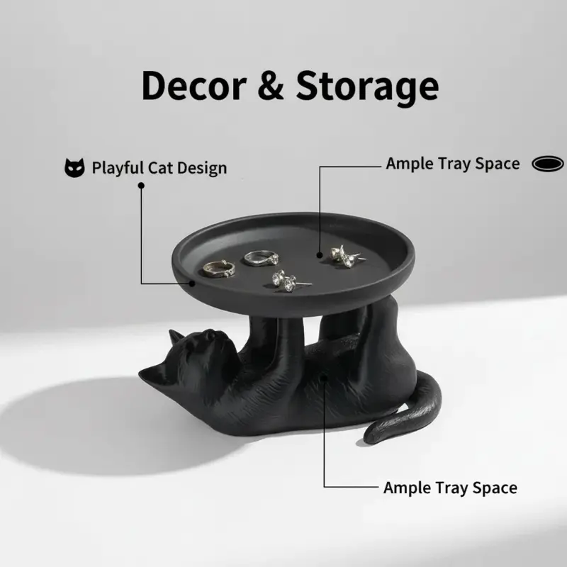 Cute Cat Jewelry Storage Tray - 3D Printed Creative Multi-Functional Tray for Desktop Cosmetics, Watches, and Keys Organizer, Birthday Gift and Home Decor, Lightweight Stylish Storage Box with Novel Design