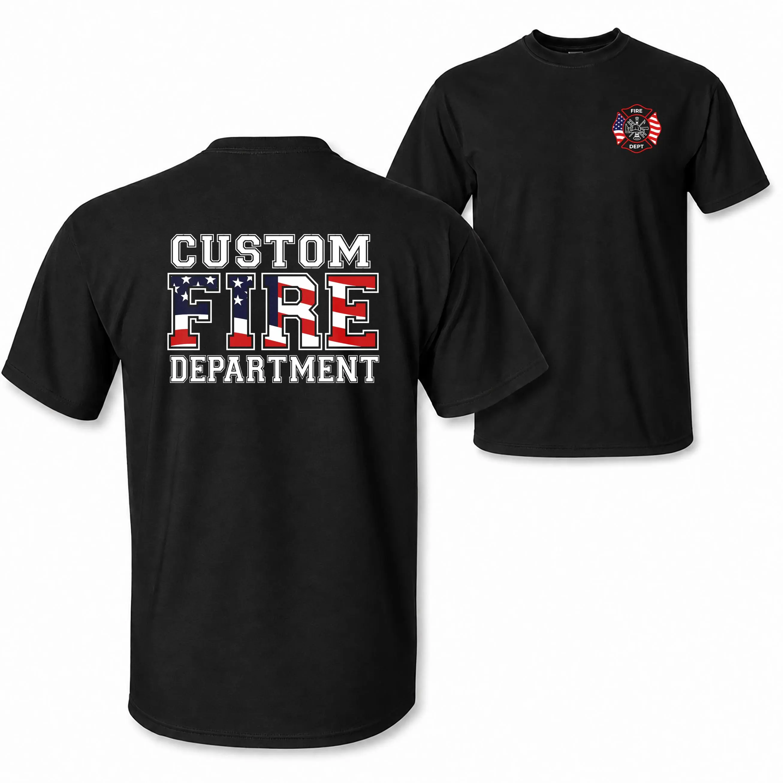 [CUSTOM NOTE PLS] Custom Fire Department T Shirt, Patriotic American Flag Firefighter Typography And Maltese Cross Badge Graphic, Personalized Gift For Firefighters And First Responders