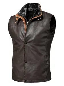 Men's Leather Sleeveless Zip Jacket, Detachable Collar Vest for Fall Winter, Retro Button Front Utility Biker Outerwear, Motorcycle Style Clothing, layering piece, essential piece, must have item, everyday wear