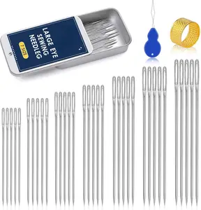 35 Pcs Large Eye Sewing Needles, 7 Size Sewing Sharp Needles for Handsewing, Leather Embroidery Thread Needle, Stainless Steel Yarn Knitting Needle with Threader, Thimble for Crafts, Repair, Quilting