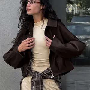 American Retro Brown Short Leather Jacket Women's Autumn And Winter Atmosphere Motorcycle Style Jacket
